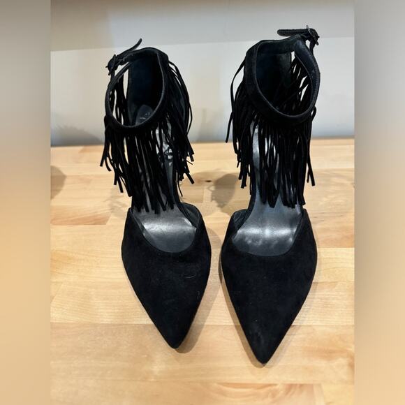 Stuart Weitzman Fringelica Fringe Suede Ankle Strap Pump Black Women Sz 7.5 M - Picture 14 of 16